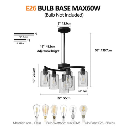 6/9-Light Modern Farmhouse Chandelier | Black, Chrome or Gold with Clear Glass Shades — Adjustable Height, Dimmable, Dining Room & Kitchen Island