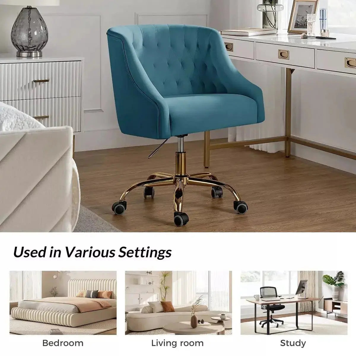 Curvaceous Velvet Swivel Office Chair with Gold Base