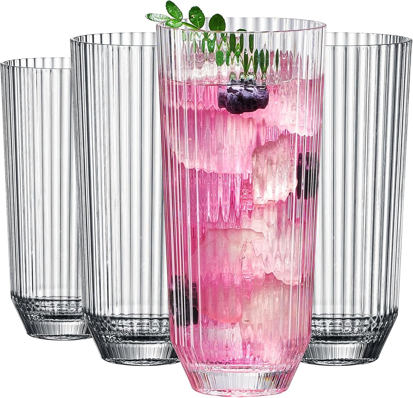 Khen Shatterproof Ribbed Drinking Glasses – Set of 4 Clear 12oz