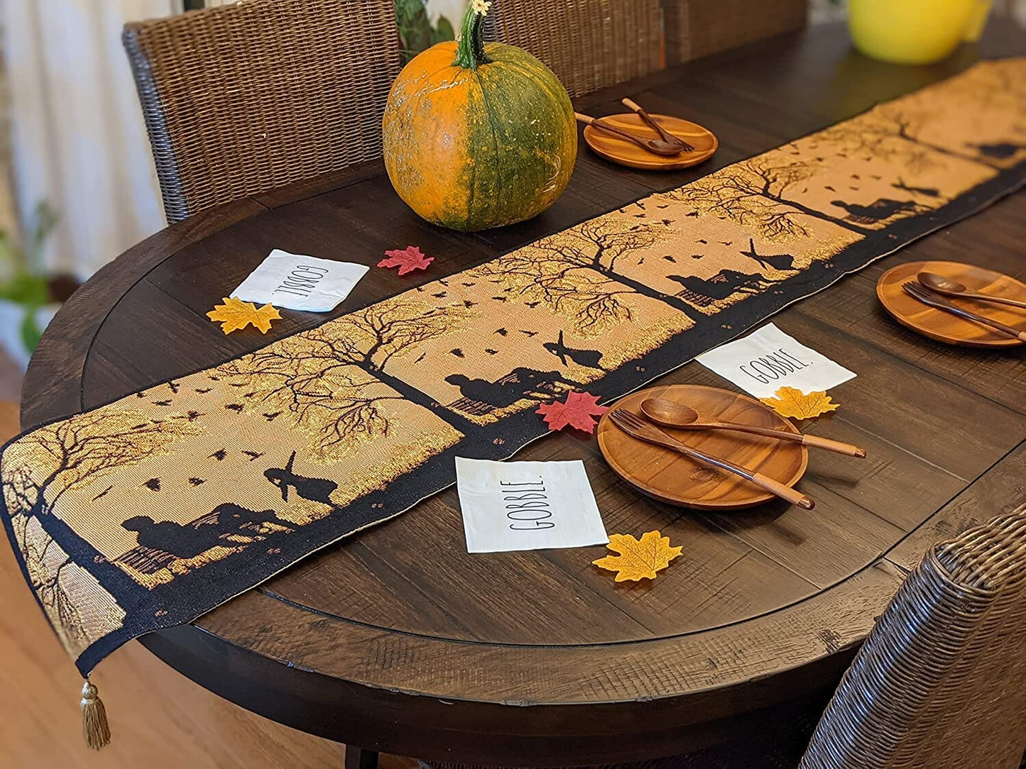DaDalogy Autumn Birds Family Gathering Woven Tapestry Dining Table Runner (18198)