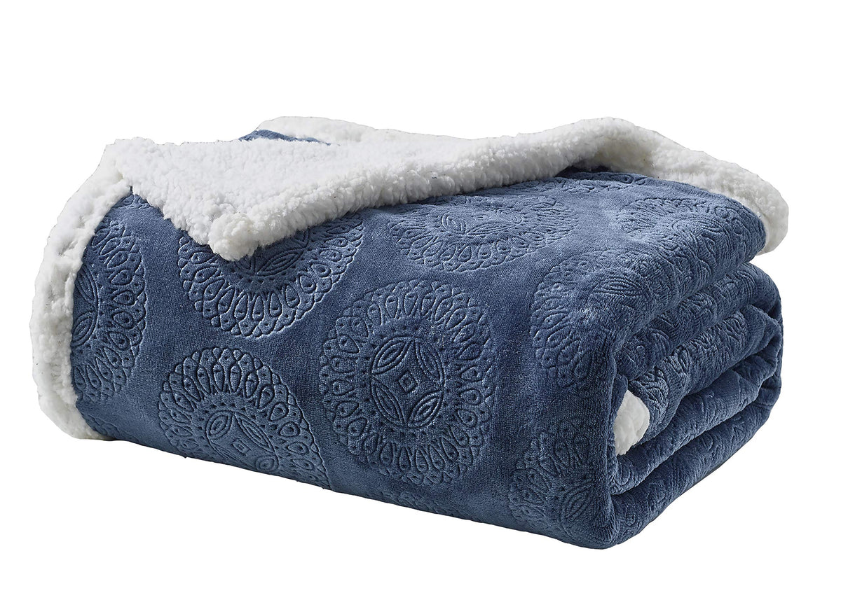 Decor&More Bon Iver Collection Extra Soft Mandala Embossed Microplush Throw Blanket with Sherpa Backing (50" x 60")