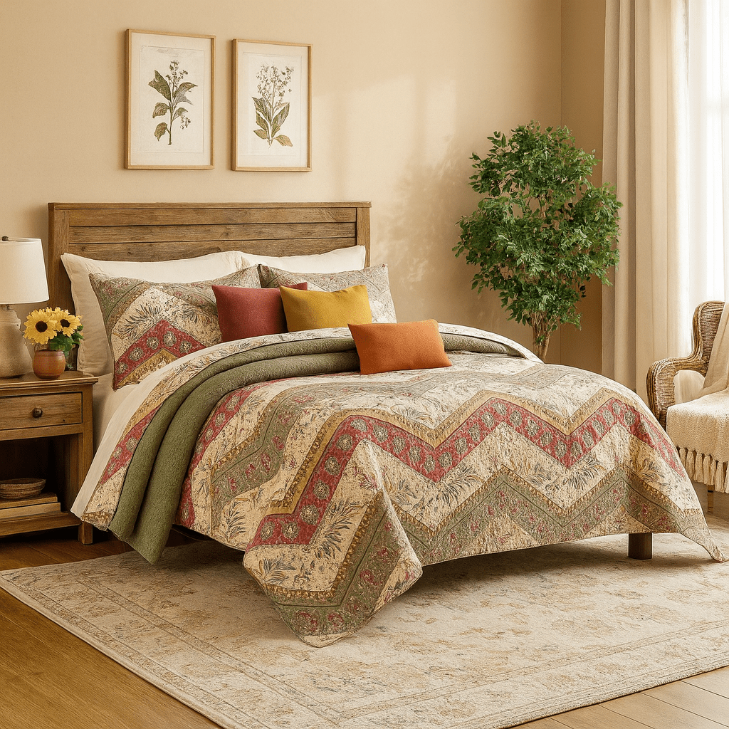 DaDa Bedding Cranberry Sage Floral Chevron Quilt Set - Lightweight Bedspread
