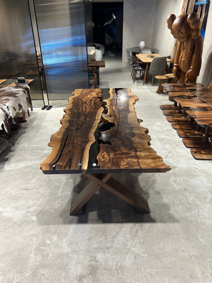Live Edge Rustic, Epoxy Resin River Dining Room Table Made of Walnut