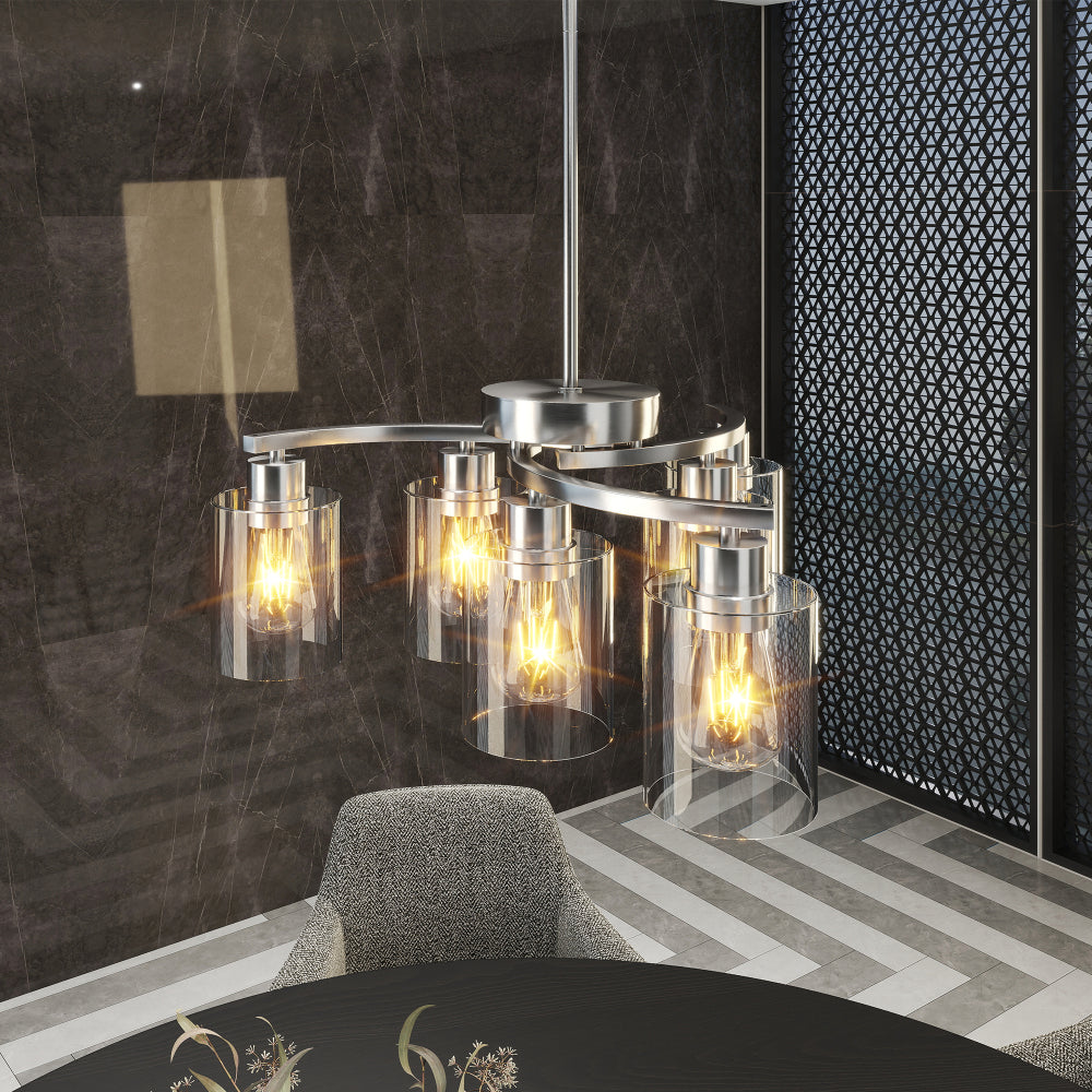 6/9-Light Modern Farmhouse Chandelier | Black, Chrome or Gold with Clear Glass Shades — Adjustable Height, Dimmable, Dining Room & Kitchen Island