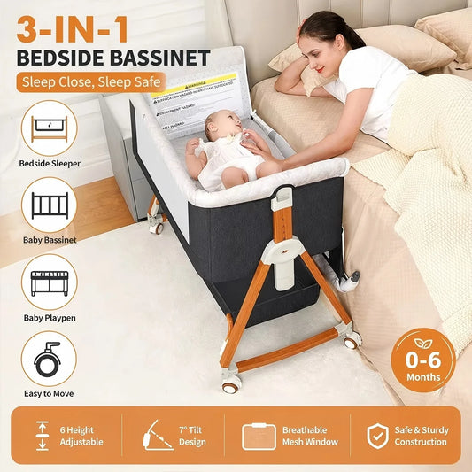 Portable Baby Bassinet 3-In-1 Foldable Crib With Rocking