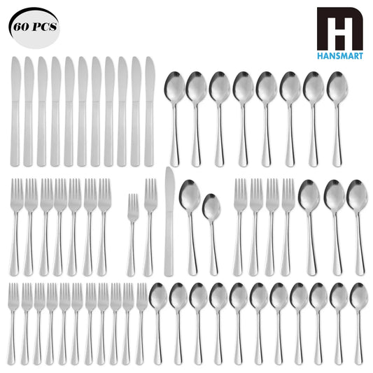HANSMART 60Pcs Stainless Steel Flatware Set Dishwasher Safe