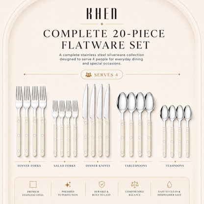 Khen Cream Cutlery Set of 20 –18/8 Stainless Steel Flatware