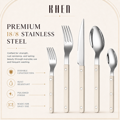Khen Cream Cutlery Set of 20 –18/8 Stainless Steel Flatware