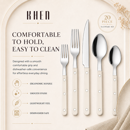 Khen Cream Cutlery Set of 20 –18/8 Stainless Steel Flatware