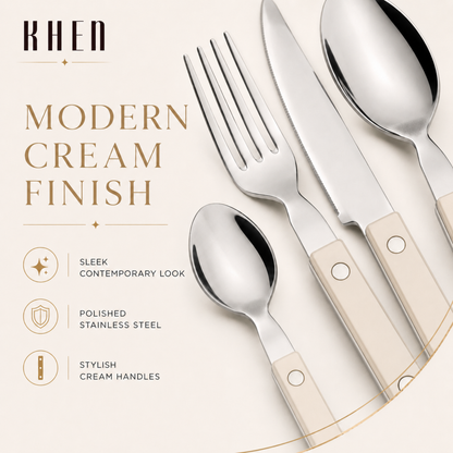 Khen Cream Cutlery Set of 20 –18/8 Stainless Steel Flatware