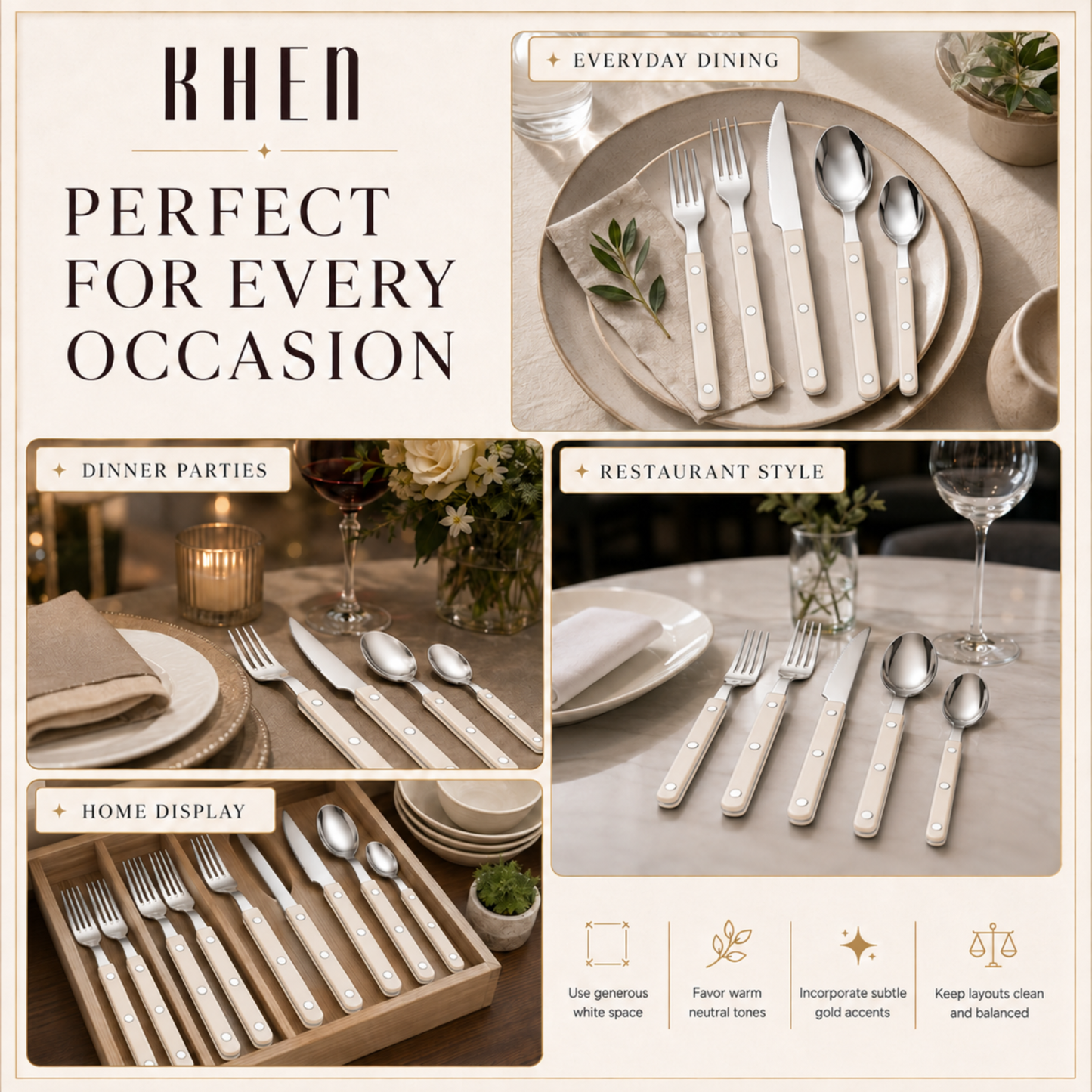 Khen Cream Cutlery Set of 20 –18/8 Stainless Steel Flatware
