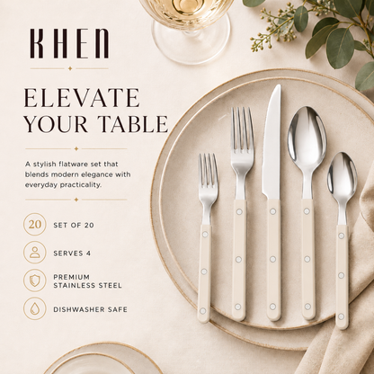 Khen Cream Cutlery Set of 20 –18/8 Stainless Steel Flatware