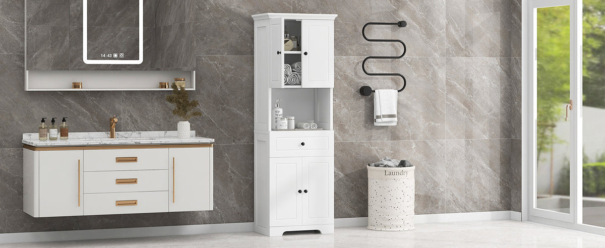 Tall Bathroom Cabinet with Four Doors, Large Storage Space Open Shelve, Upper Storage Cabinet, Whit