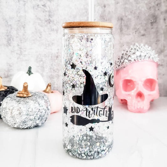 Bad Witch Halloween Snow Globe Glitter Iced Coffee Cup