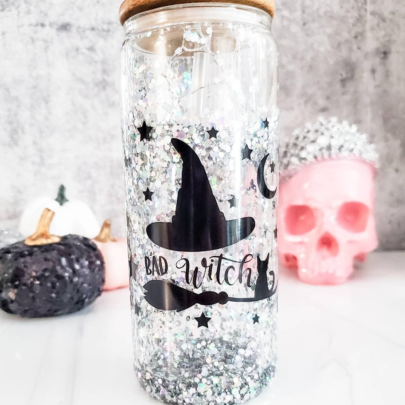 Bad Witch Halloween Snow Globe Glitter Iced Coffee Cup