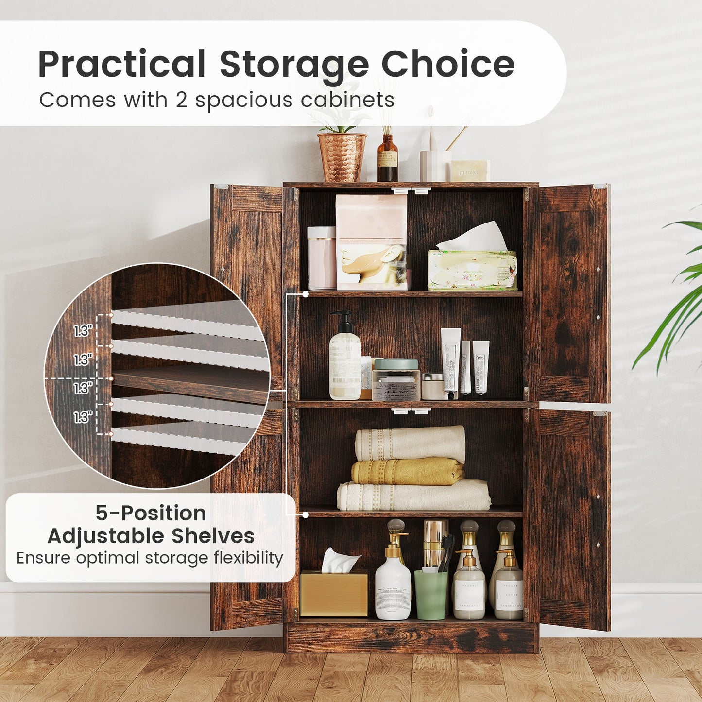 Bathroom Cabinet 43.5 inch Storage Cabinet with Doors and Adjustable Shelves