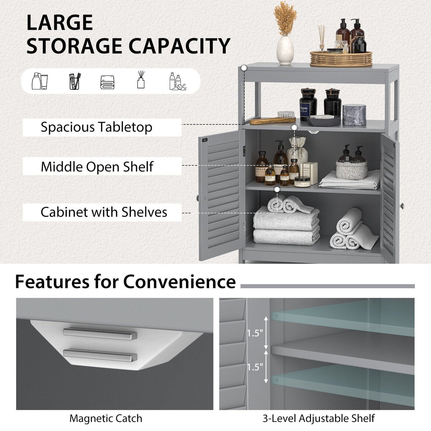 Freestanding Bathroom Floor Cabinet with Double Shutter Doors