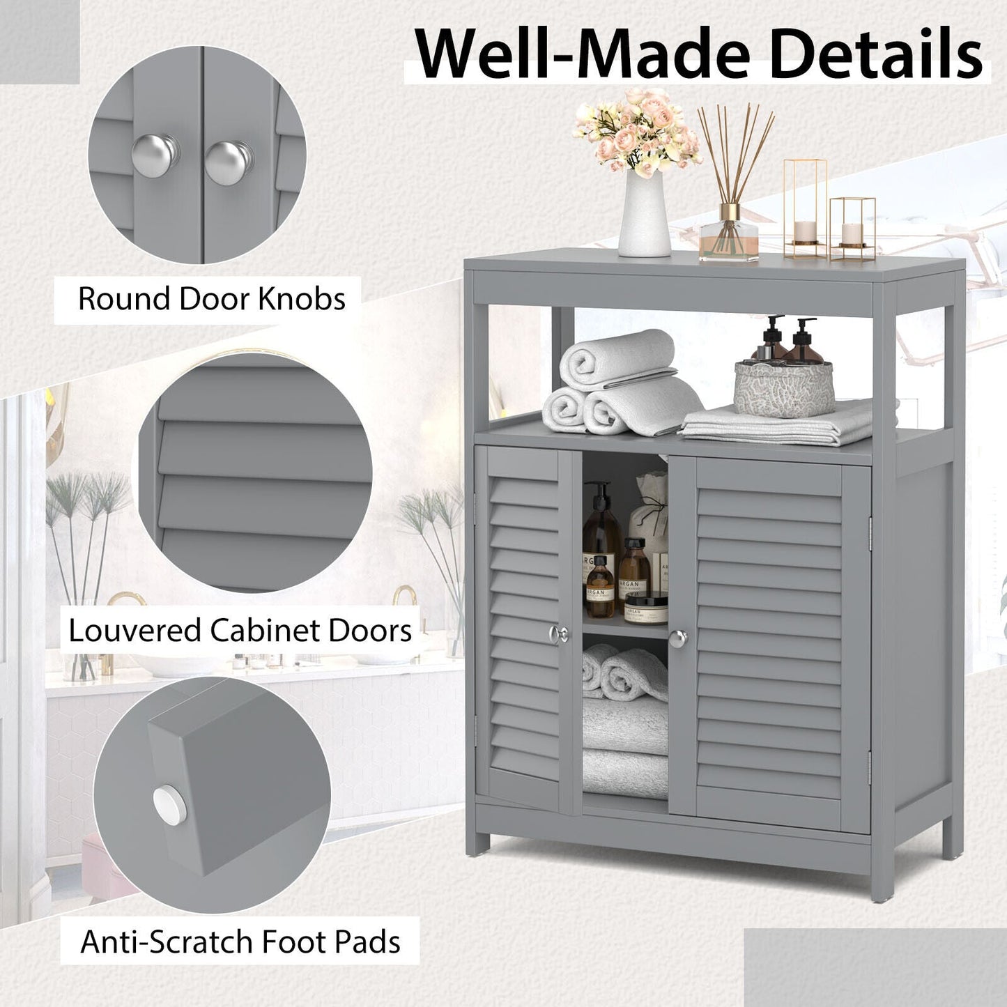 Freestanding Bathroom Floor Cabinet with Double Shutter Doors