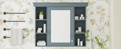 35 ''x 28' 'blue wall mounted bathroom storage cabinet with mirror door and medication cabinet with 6 open shelves