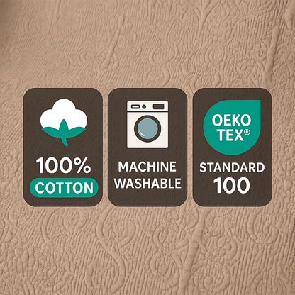 DaDa Bedding Elegant Fringed Cotton Quilted Throw Blanket - Luxurious Solid Soft Paisley Pattern, Cozy Lightweight Lap Throw, Perfect for Couch or Bed, Neutral Sandy Taupe Tan Beige, 50x60 Inches