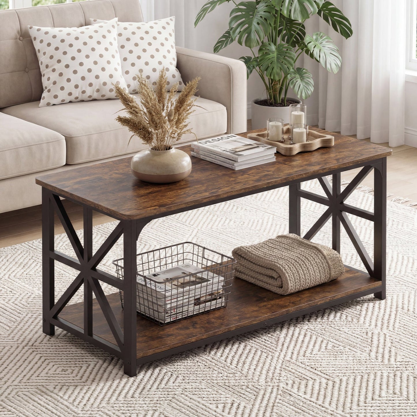 Coffee Table 2-Tier Center Table with Storage Shelf