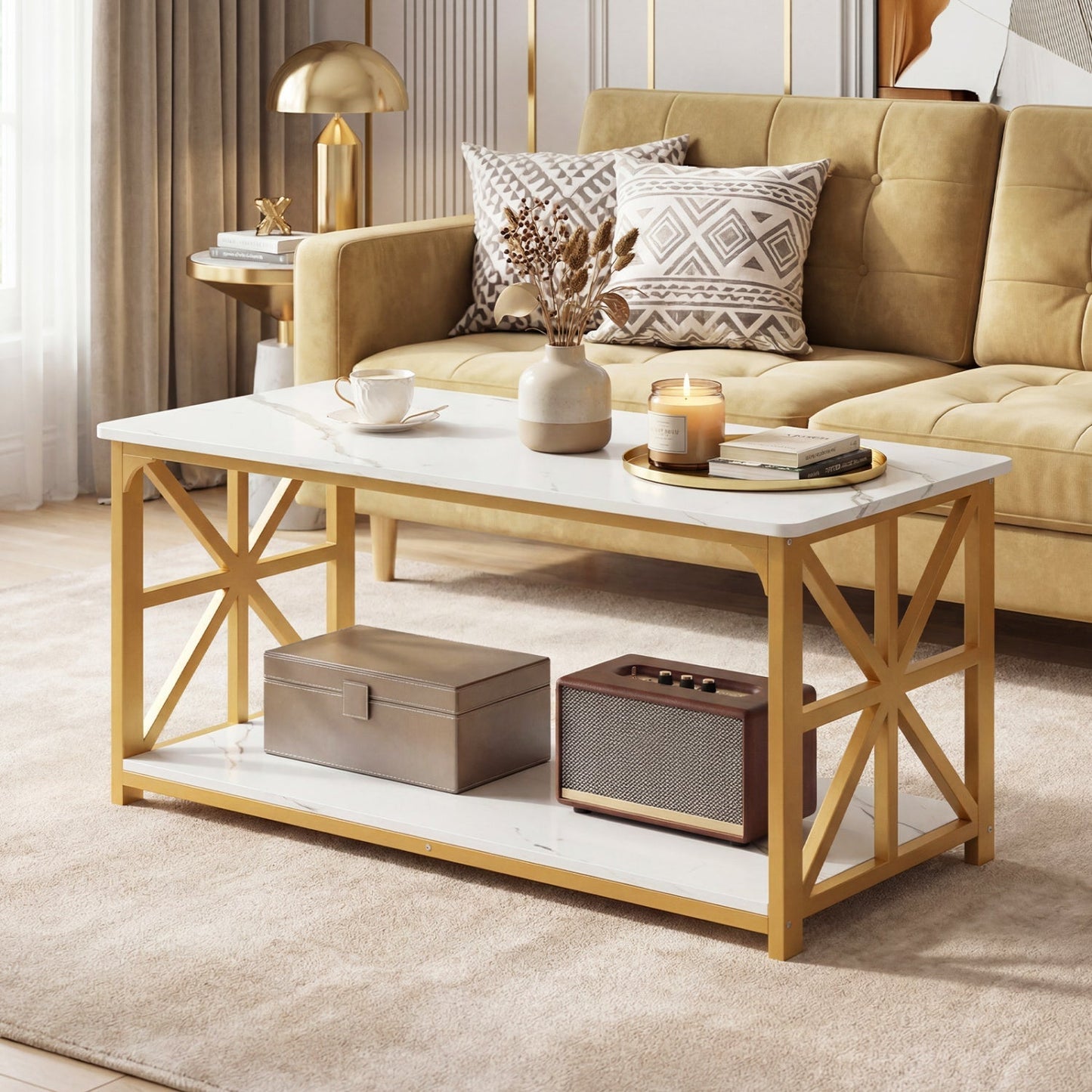 Coffee Table 2-Tier Center Table with Storage Shelf