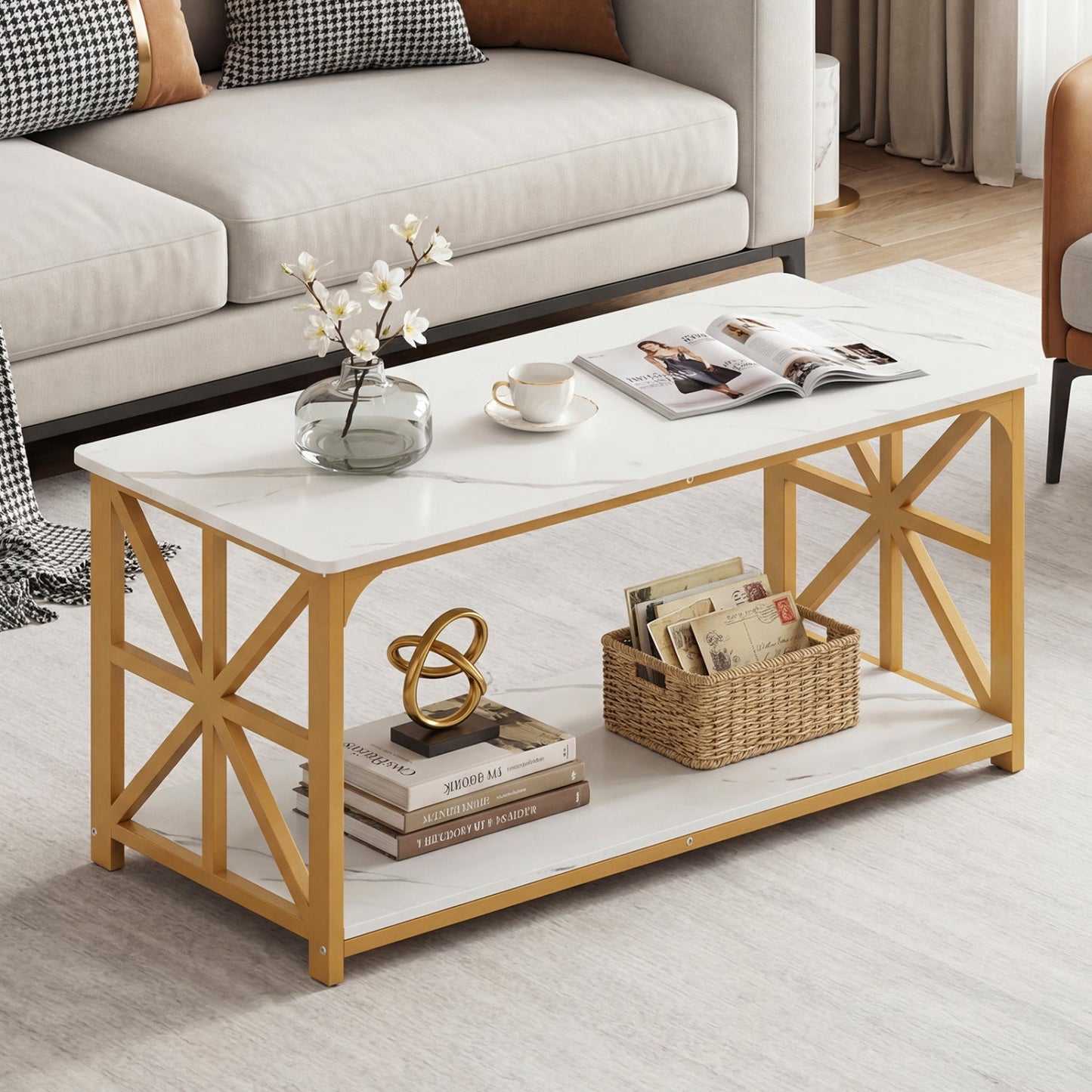 Coffee Table 2-Tier Center Table with Storage Shelf
