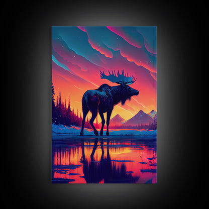 Moose In Lake Mountains Pine Trees Snow Fine Art Print, Wall Decor, Wall Poster, Wall Art Print