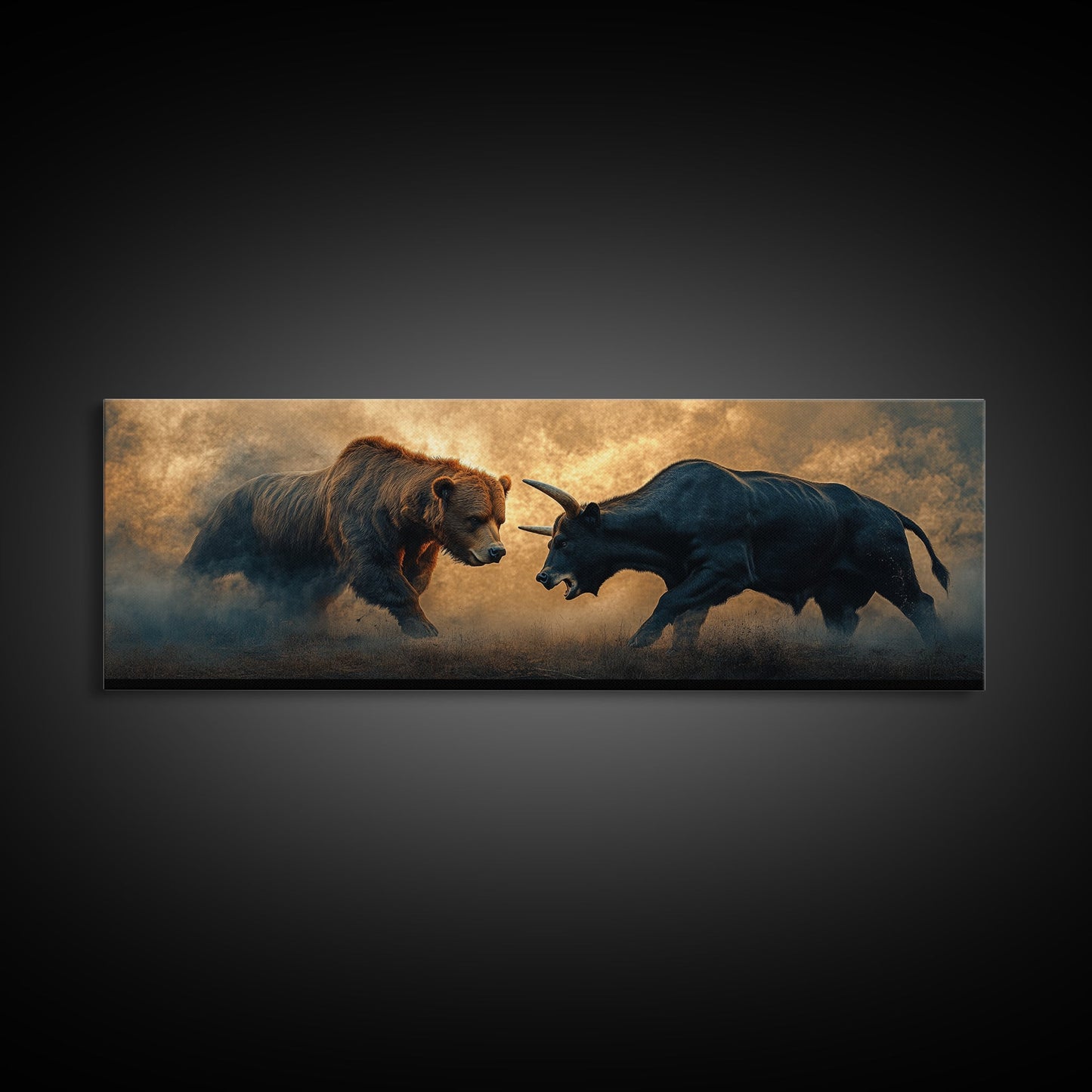 Intense Bull and Bear Framed Canvas Print - Moody Wildlife Painting, Rustic Wall Art, Industrial Style Living Room Decor, Gift Idea