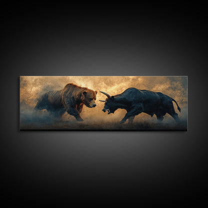 Intense Bull and Bear Framed Canvas Print - Moody Wildlife Painting, Rustic Wall Art, Industrial Style Living Room Decor, Gift Idea