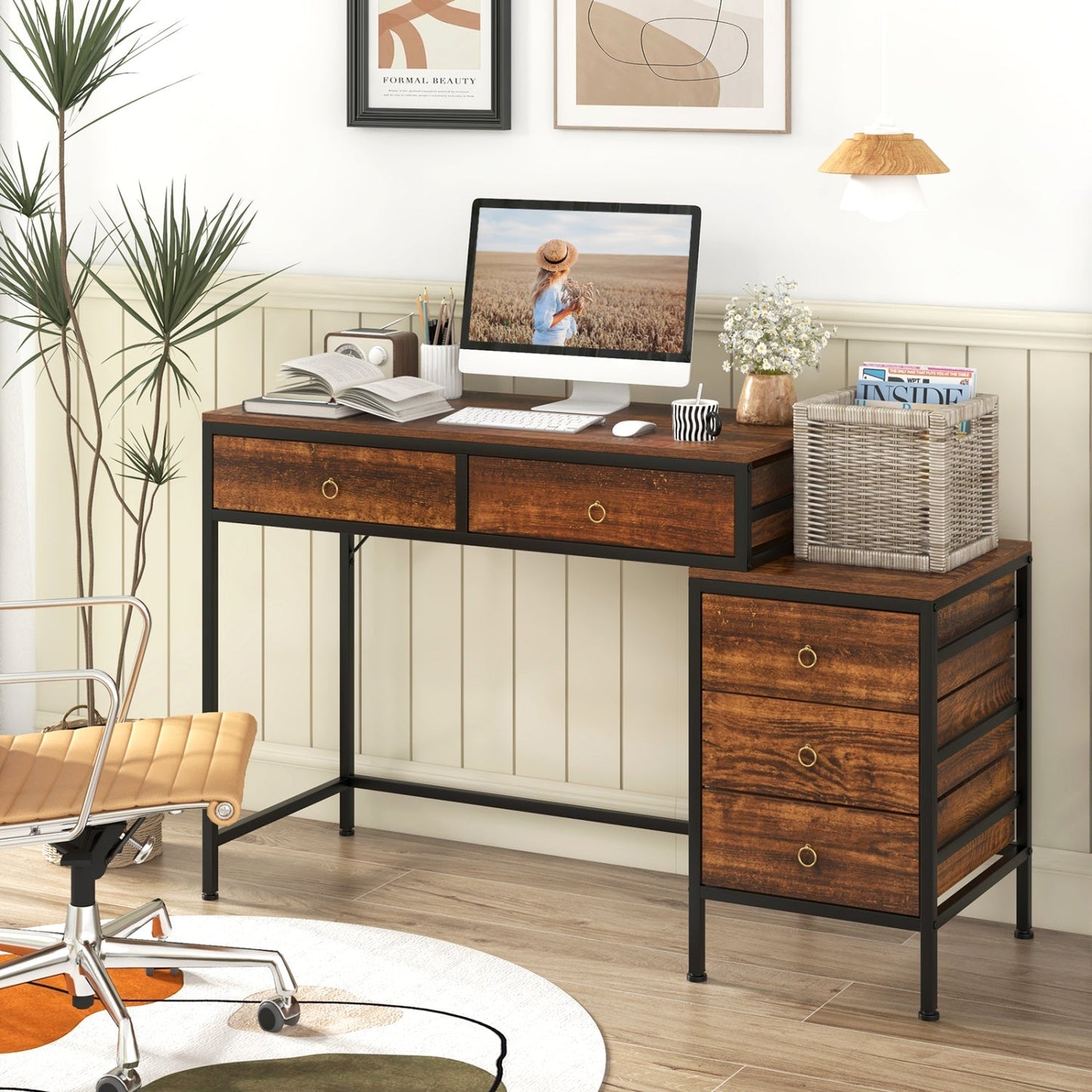 Computer Desk with 5 Drawers Home Office Desk with Side File Cabinet