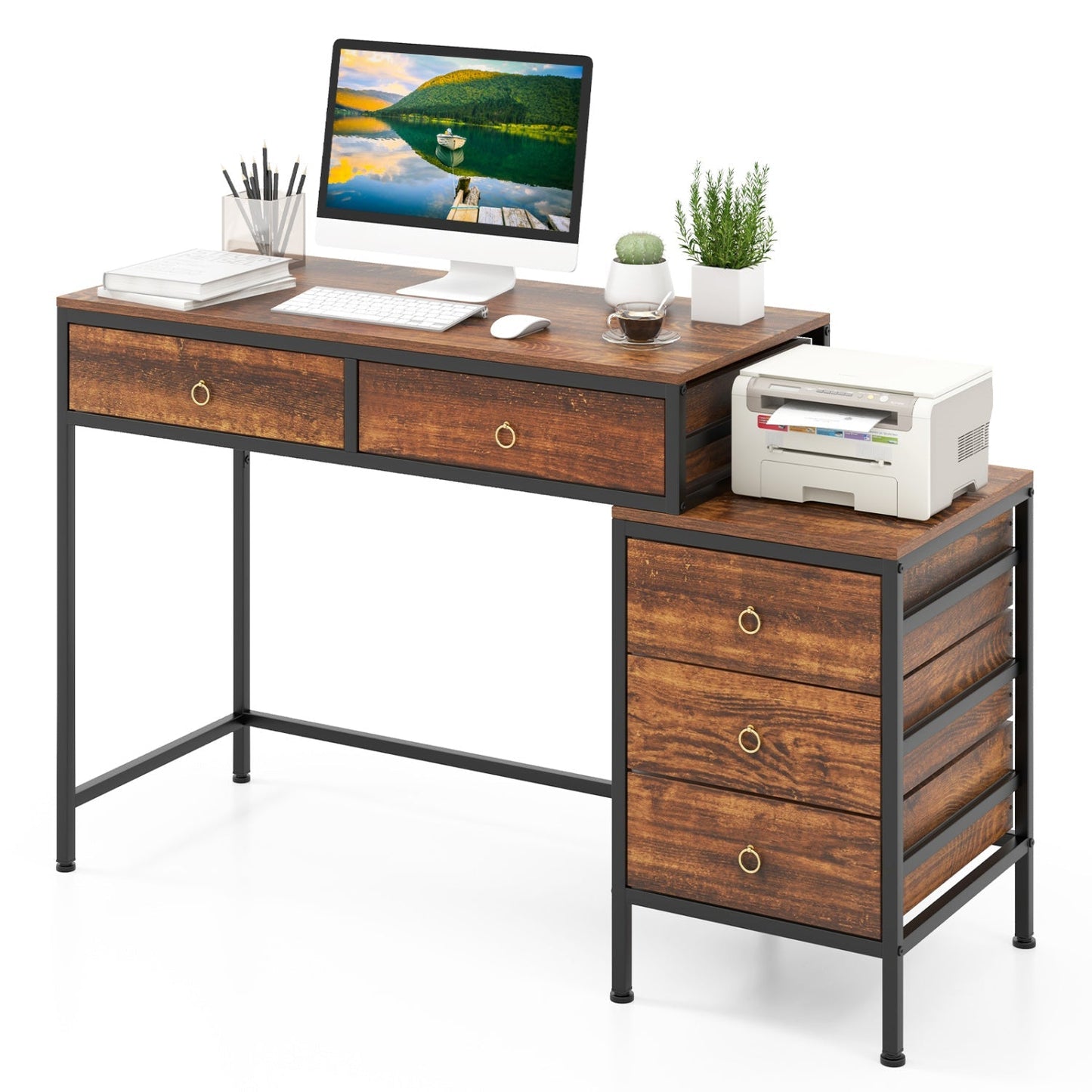 Computer Desk with 5 Drawers Home Office Desk with Side File Cabinet