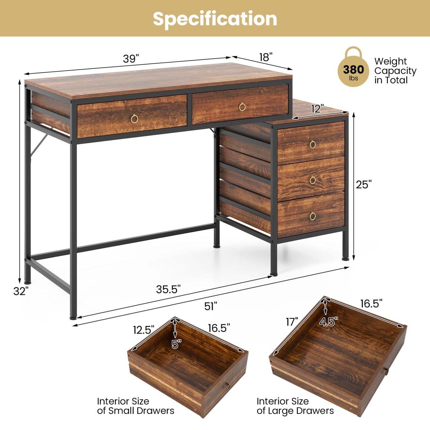 Computer Desk with 5 Drawers Home Office Desk with Side File Cabinet