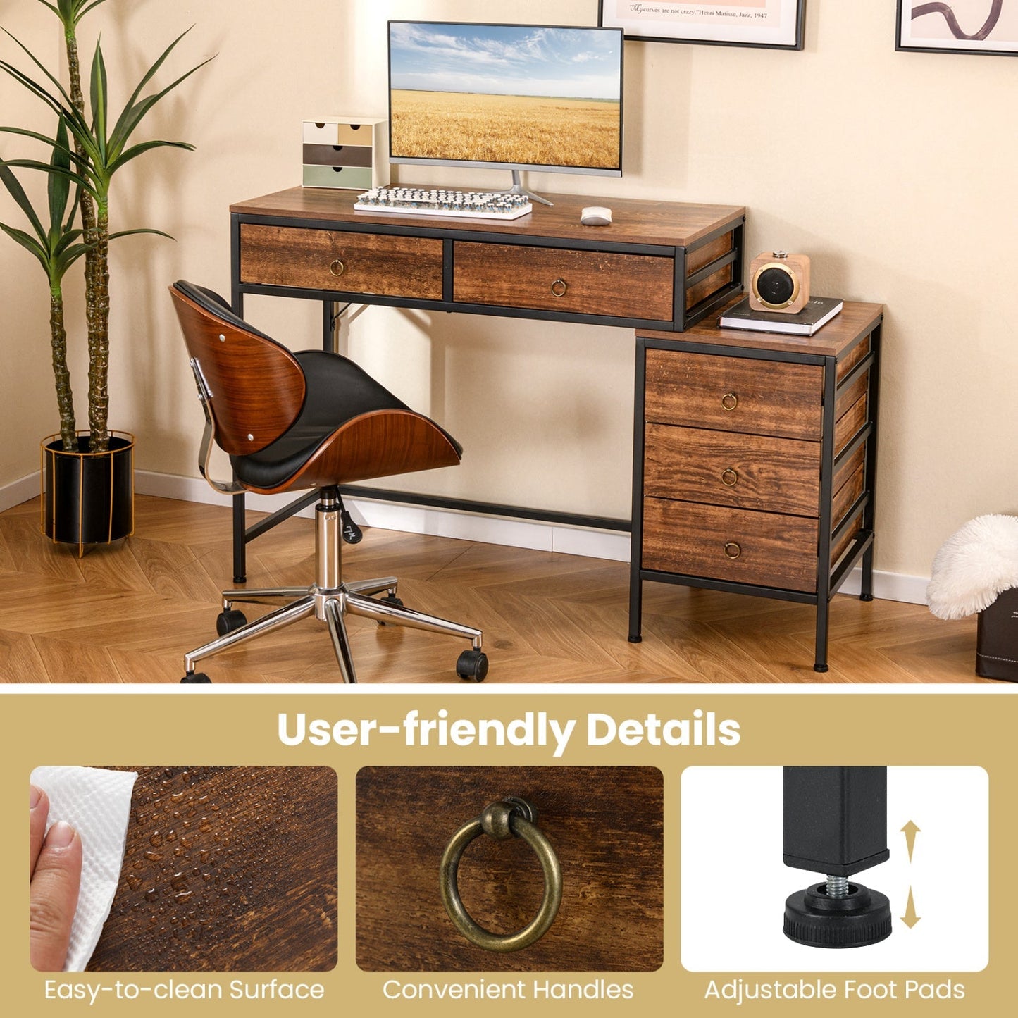 Computer Desk with 5 Drawers Home Office Desk with Side File Cabinet