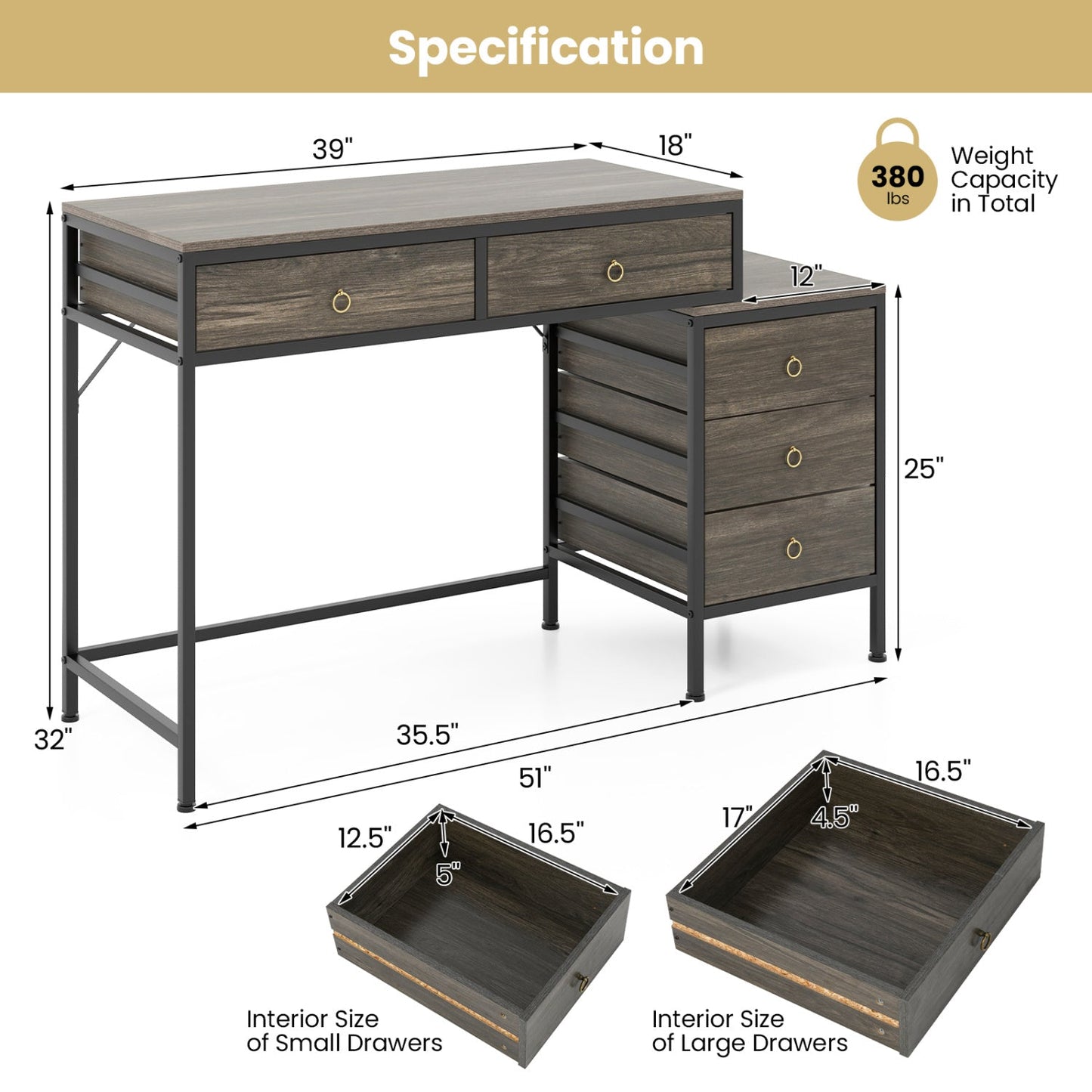 Computer Desk with 5 Drawers Home Office Desk with Side File Cabinet