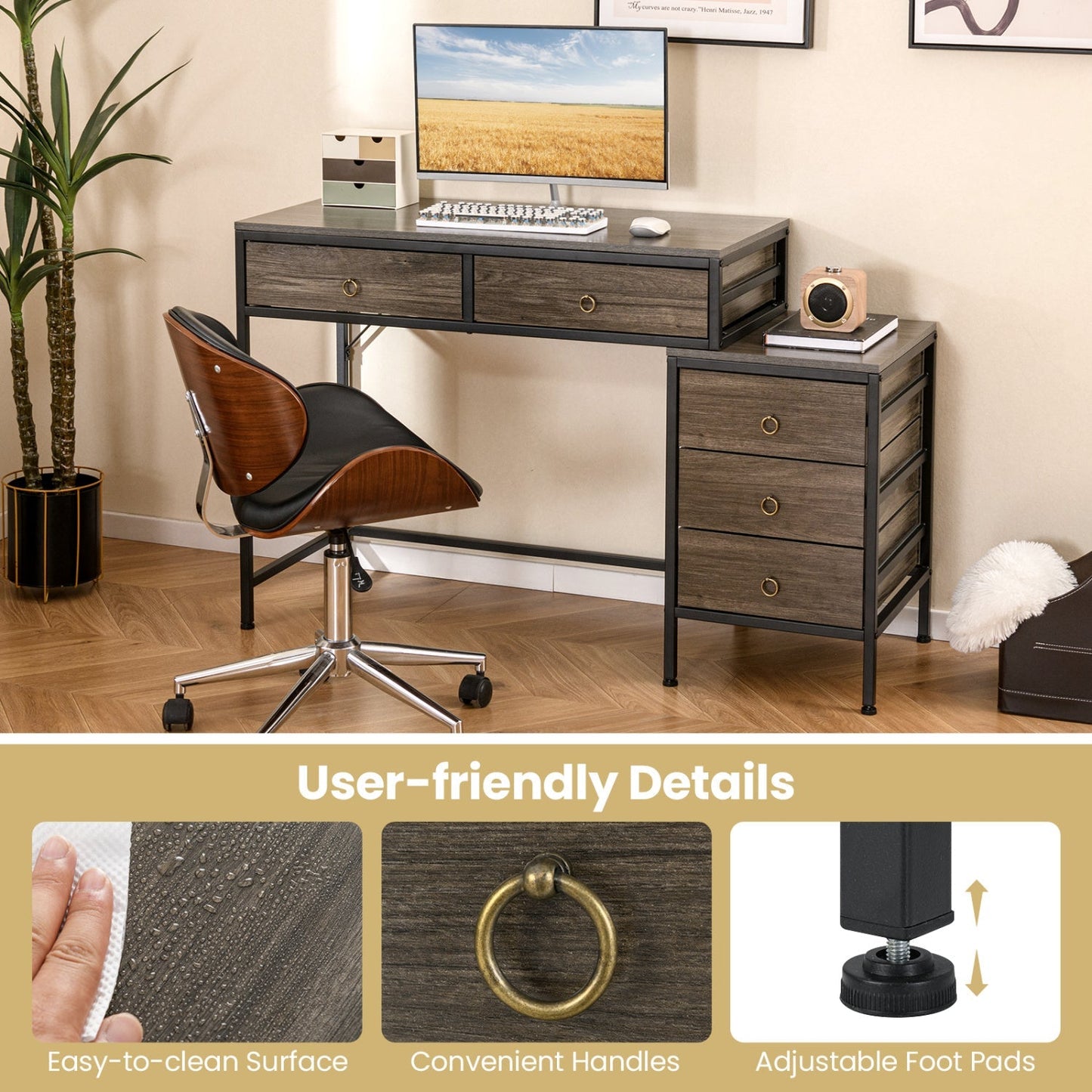 Computer Desk with 5 Drawers Home Office Desk with Side File Cabinet