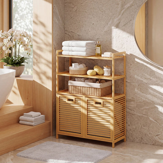 Double Tilt-Out Laundry Hamper with 3 Shelves & Baskets