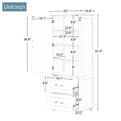 Tall Bathroom Storage Cabinet, Freestanding Storage Cabinet with Two Drawers and Adjustable Shelf, MDF Board , Grey