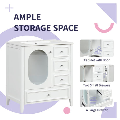 30" Bathroom Vanity with Sink, Bathroom Vanity Cabinet with Three Drawers and Door, Solid Wood and MDF, White