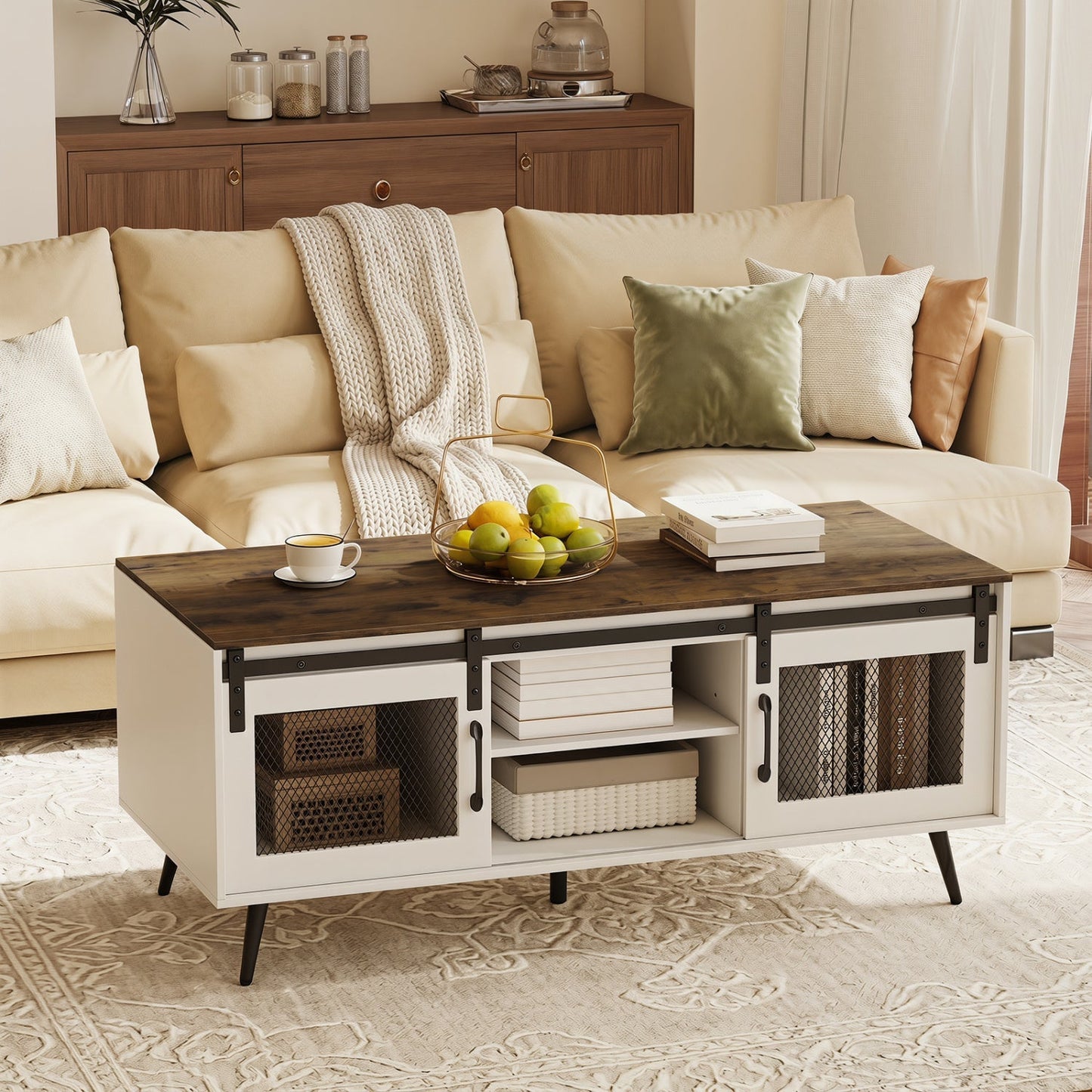 Farmhouse Coffee Table with Sliding Doors and Adjustable Shelf