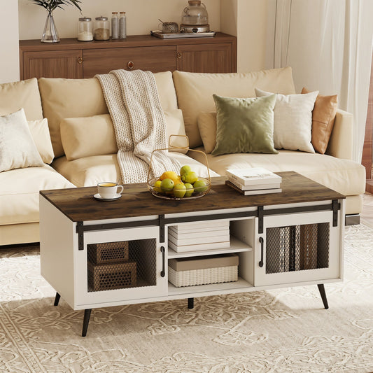 Farmhouse Coffee Table with Sliding Doors and Adjustable Shelf