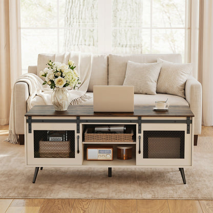 Farmhouse Coffee Table with Sliding Doors and Adjustable Shelf