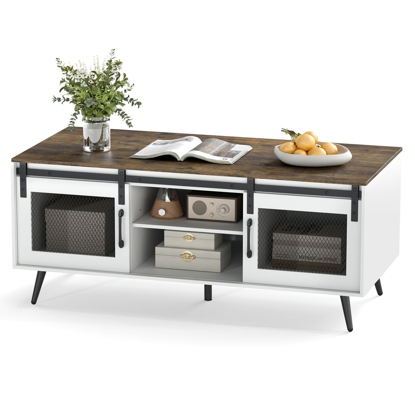 Farmhouse Coffee Table with Sliding Doors and Adjustable Shelf