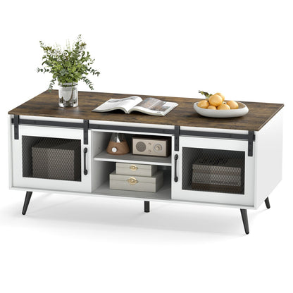 Farmhouse Coffee Table with Sliding Doors and Adjustable Shelf