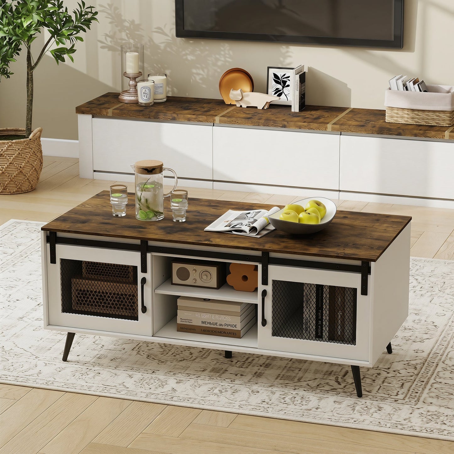 Farmhouse Coffee Table with Sliding Doors and Adjustable Shelf