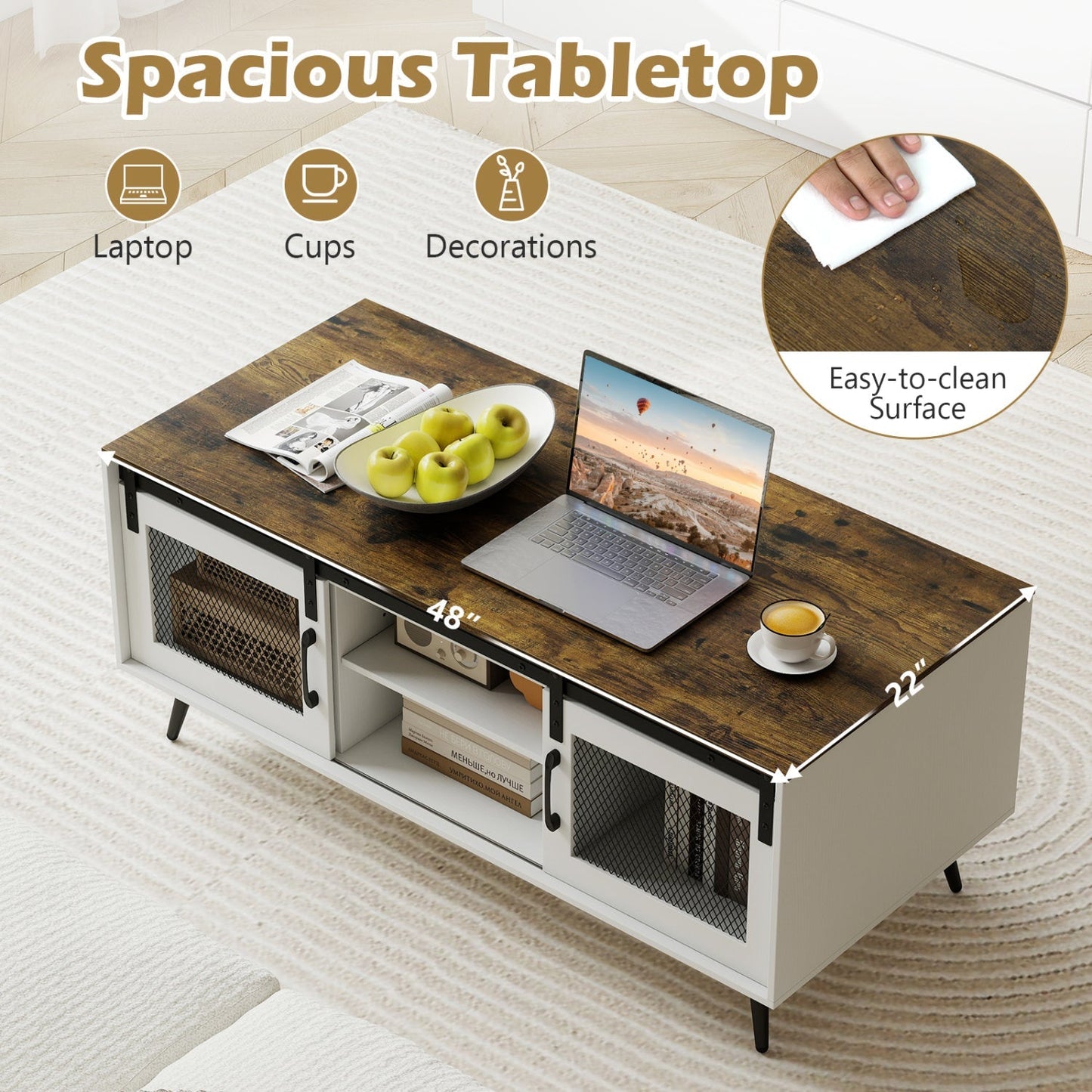 Farmhouse Coffee Table with Sliding Doors and Adjustable Shelf