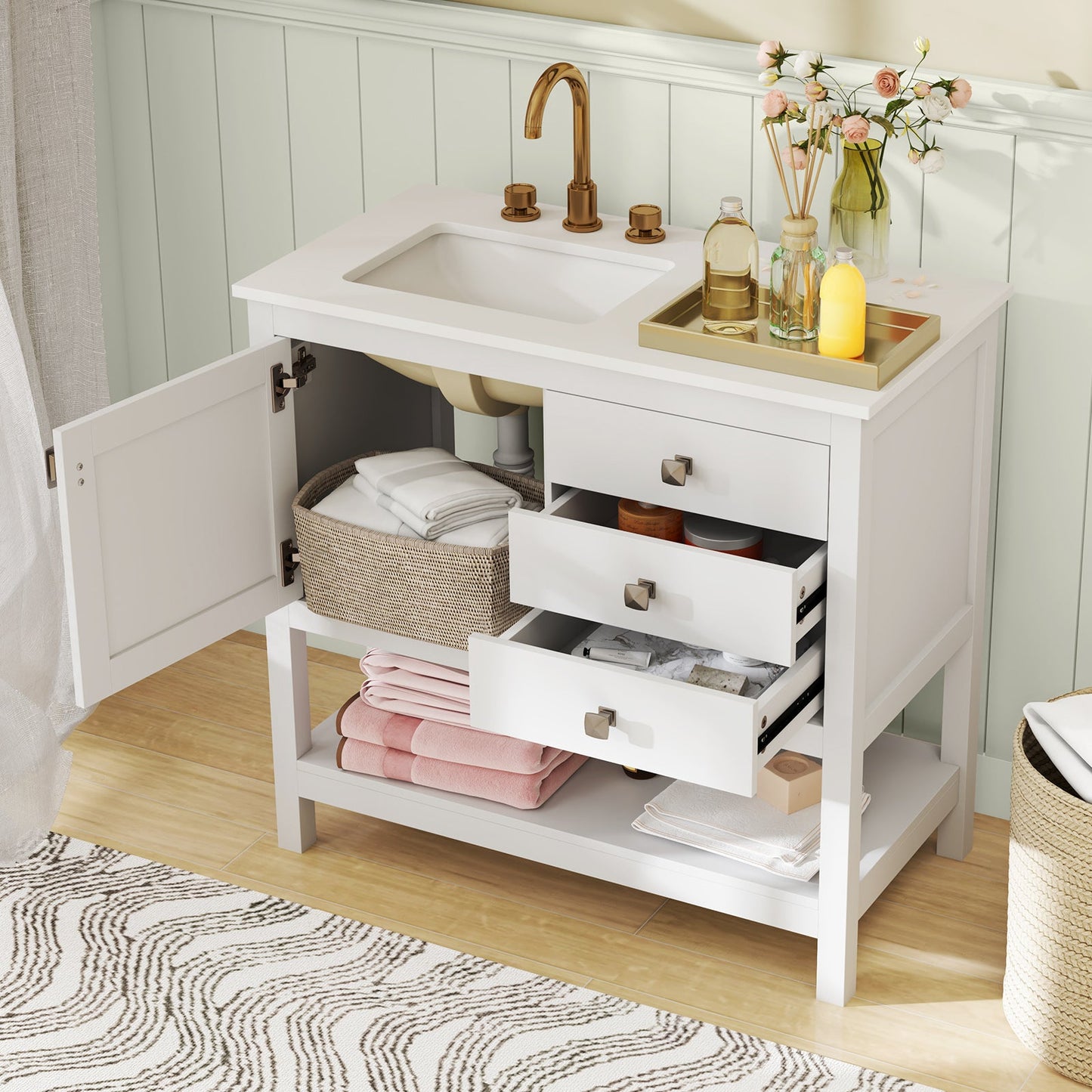 Freestanding Bathroom Vanity Unit with Basin Floor Storage Cabinet-White