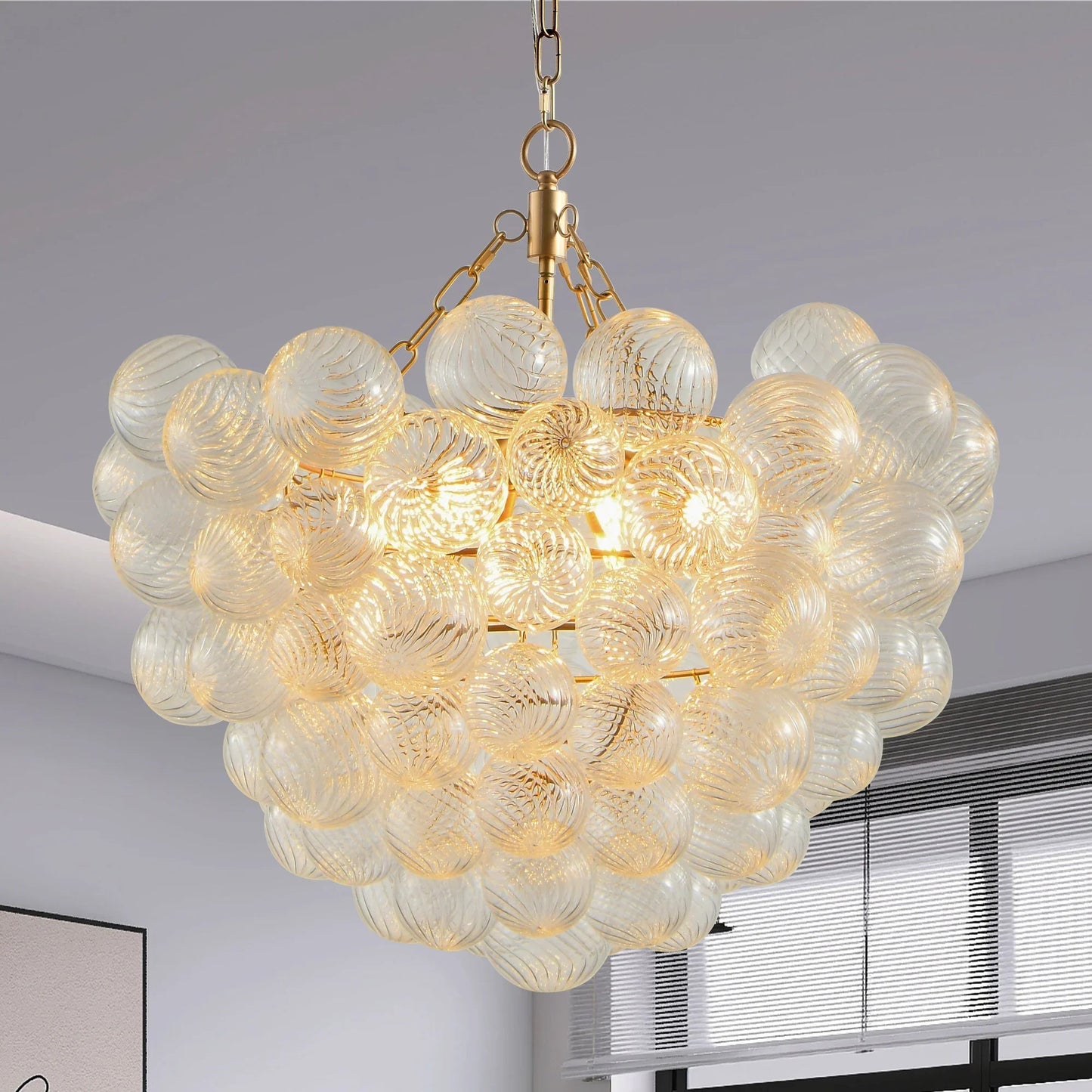 20" Gold Pendant Chandelier with Threaded Clear Glass Globe | 3-Light Adjustable Height Ceiling Light — Living Room, Dining Room & Kitchen