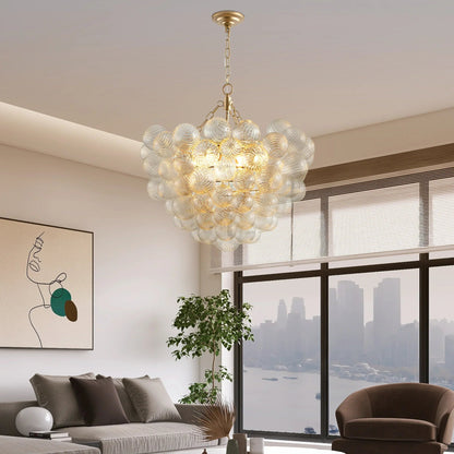 20" Gold Pendant Chandelier with Threaded Clear Glass Globe | 3-Light Adjustable Height Ceiling Light — Living Room, Dining Room & Kitchen