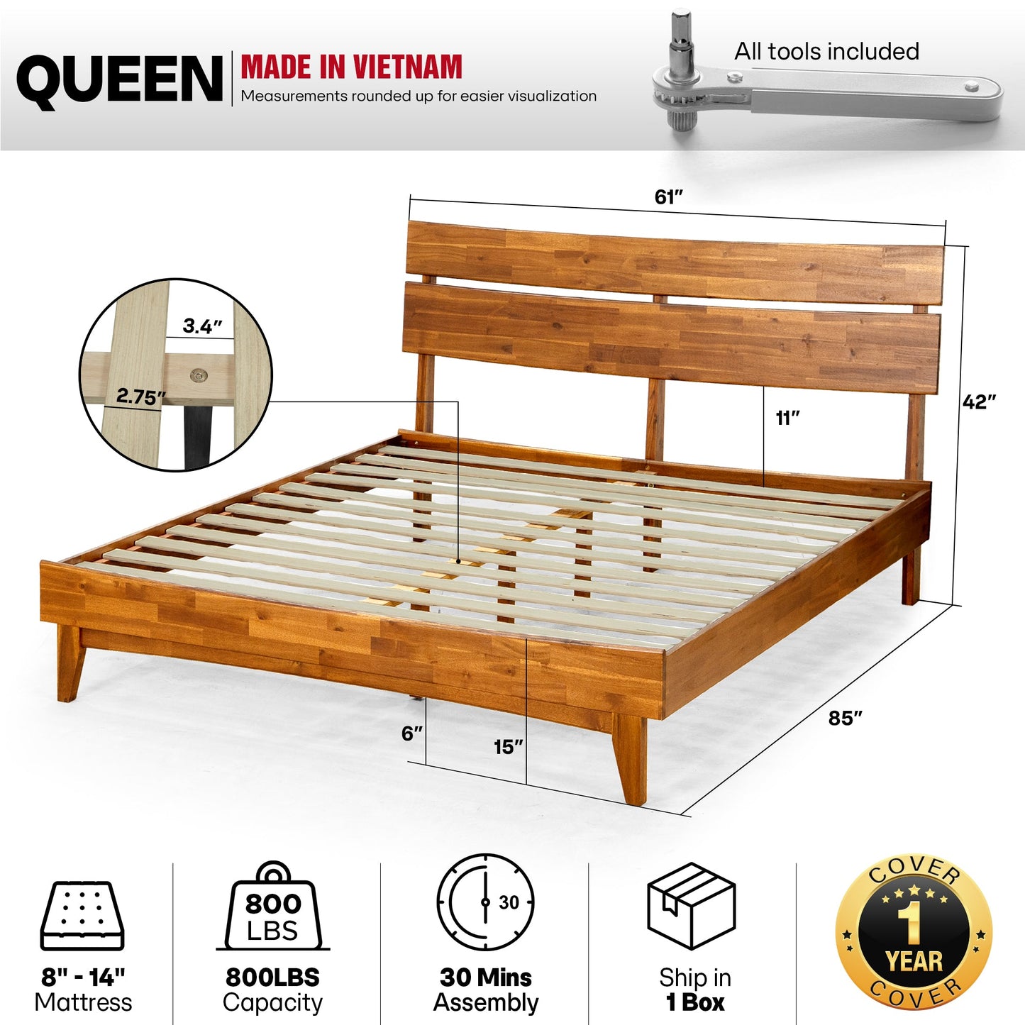 Aurora Solid Wood Bed Frame
